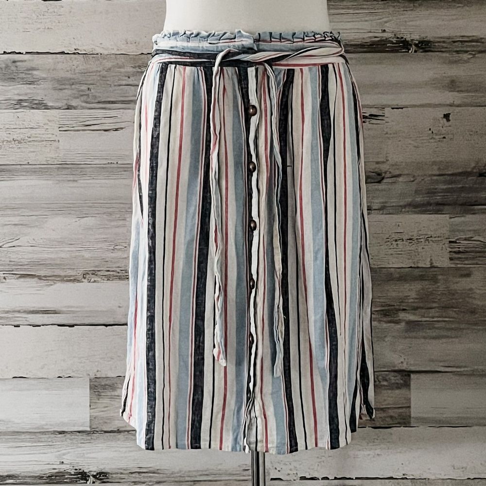 a.n.a Striped Midi Linen Blend Button Down Skirt with Belt Size 16